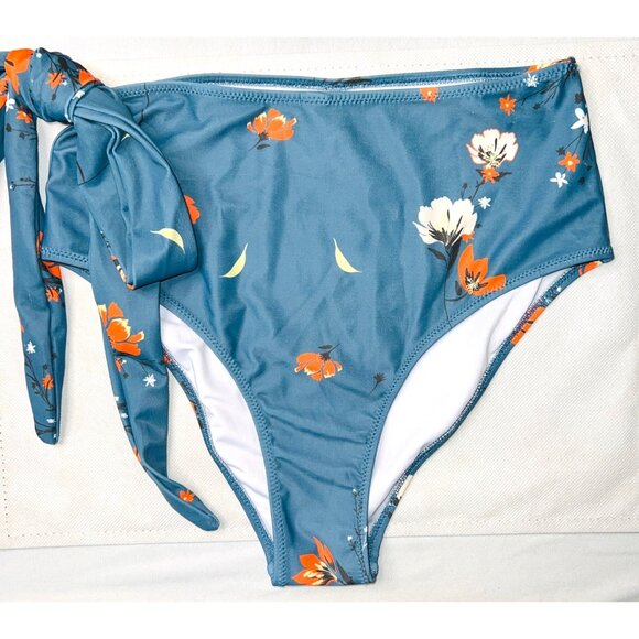 Swim Wear Floral Bikini Bottoms With Side Tie Blue With Orange Swim Bottom Small - Picture 1 of 4